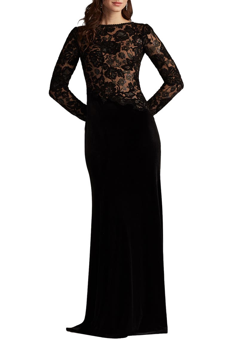 Embroidered Bodice Long Sleeve Gown, Main, color, BLACK/ BEIGE