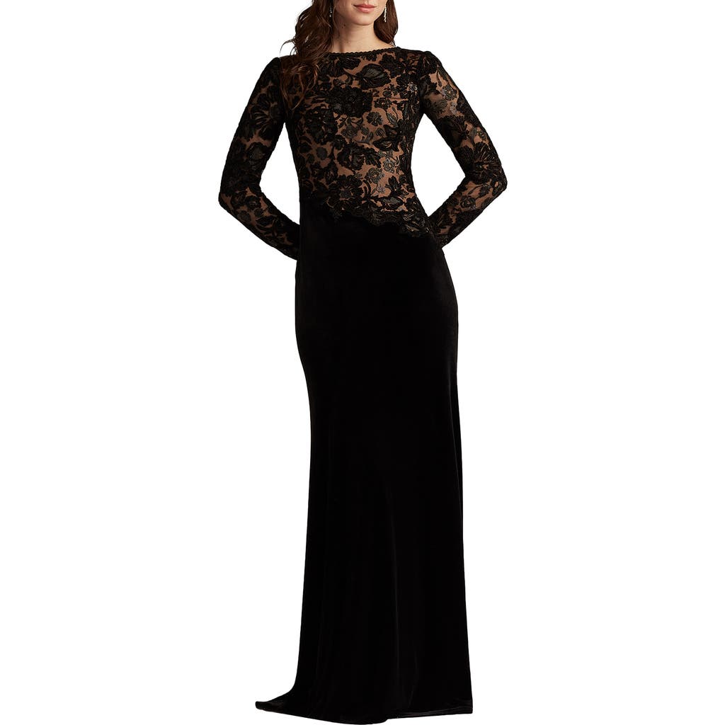 Tadashi Shoji Embroidered Bodice Long Sleeve Gown in Black/Beige  product