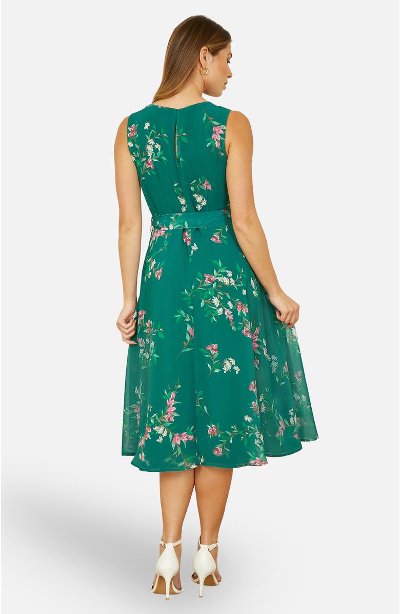 Yumi Sleeveless Tie Waist Printed Midi Dress, Alternate, color, Green