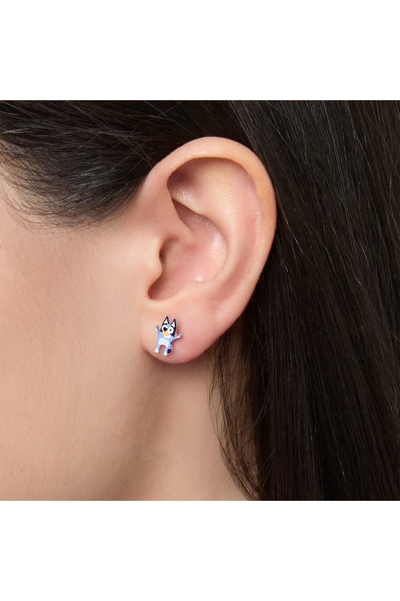 Earrings Set 6 Pairs Official License, Fashion Studs, Hoops, and Bluey and Bingo Dangle Charm Earrings with Crystals, Alternate, color, Multicolored