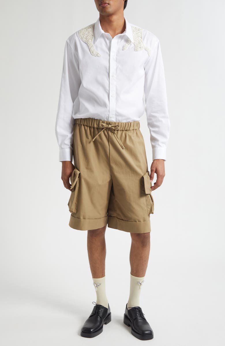 Simone Rocha Embellished Hare Classic Fit Cotton Button-Up Shirt, Alternate, color, White/ Pearl/ Clear