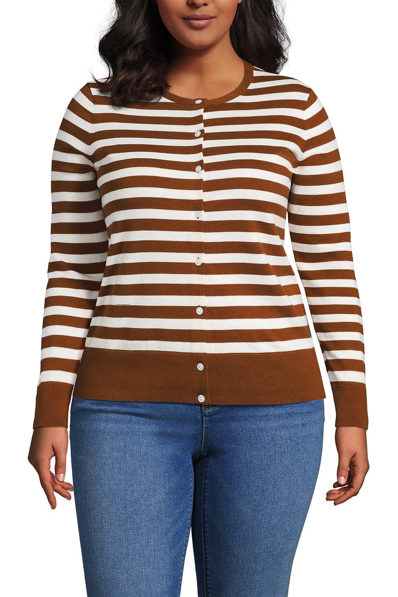 Plus Size Fine Gauge Cotton Cardigan Sweater, Main, color, Rich Ginger/Fresh Ivory