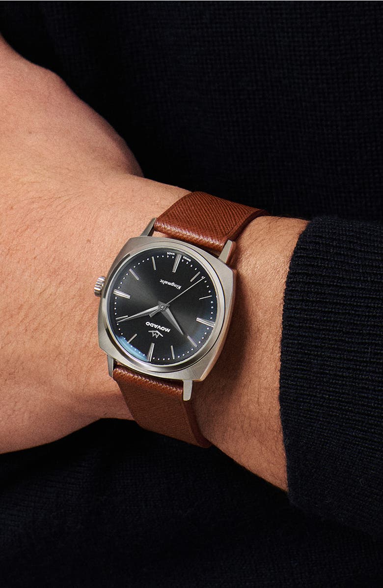 Movado Kingmatic Automatic Leather Strap Watch, 35mm, Alternate, color, 