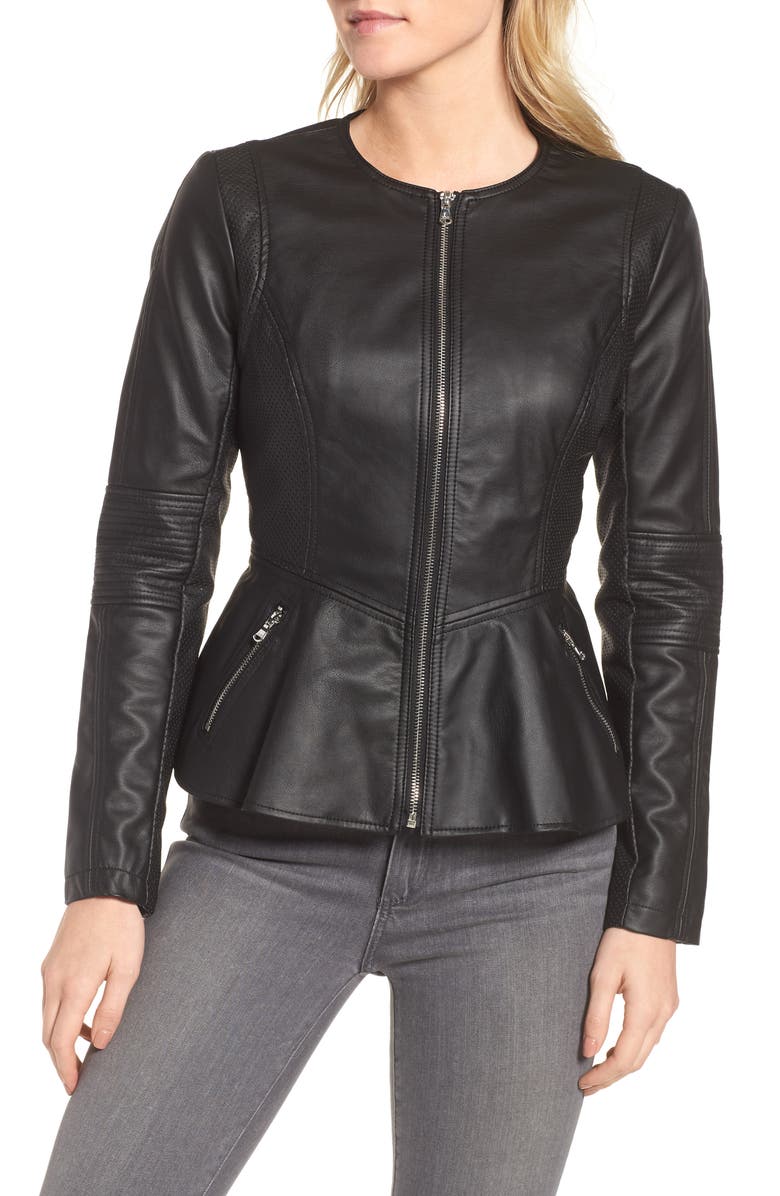 GUESS Perforated Peplum Hem Faux Leather Jacket, Alternate, color,