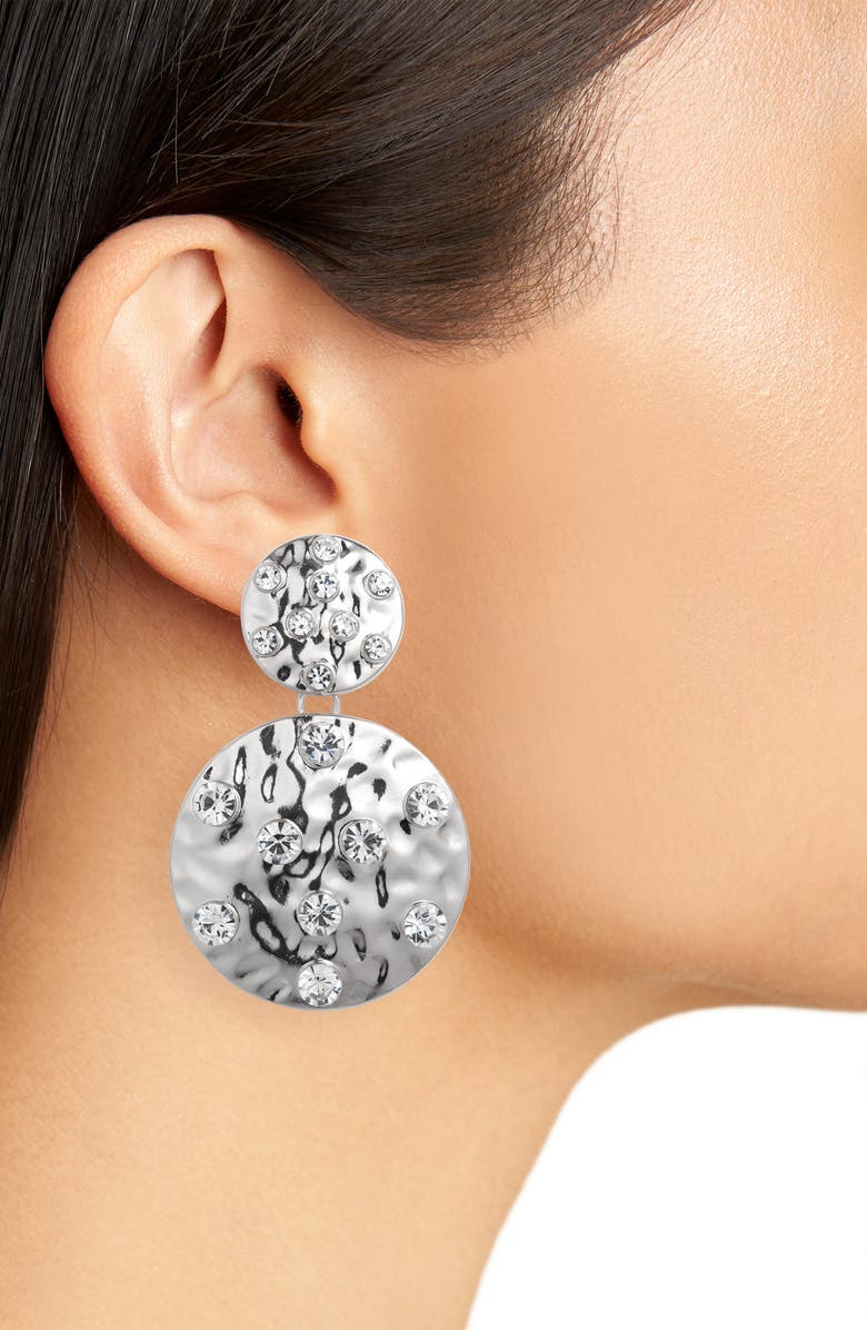 Tasha Hammer Disc Double Drop Earrings, Alternate, color, Silver Crystal