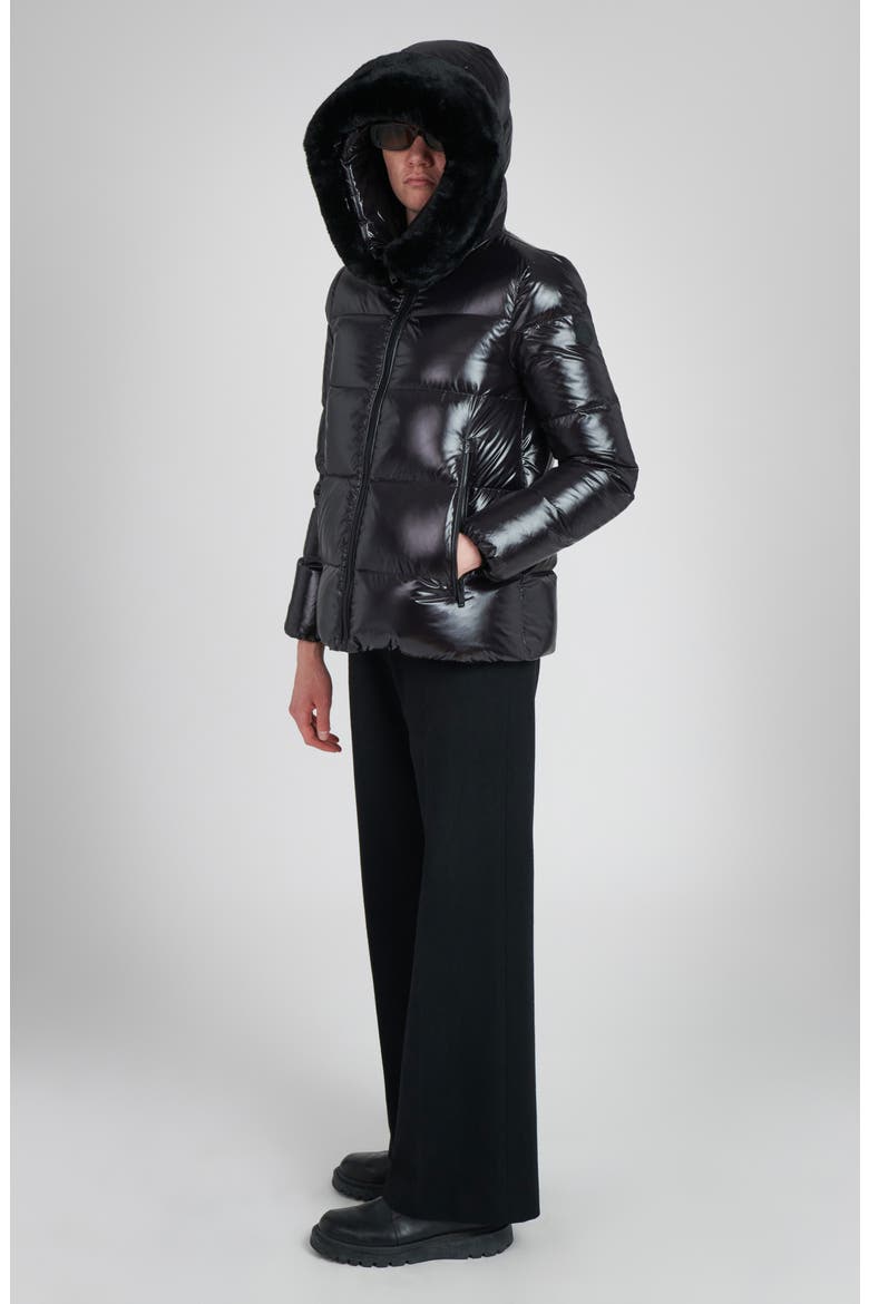 Water Resistant Nylon Down Puffer Coat with Faux Fur Trim, Alternate, color, BLACK