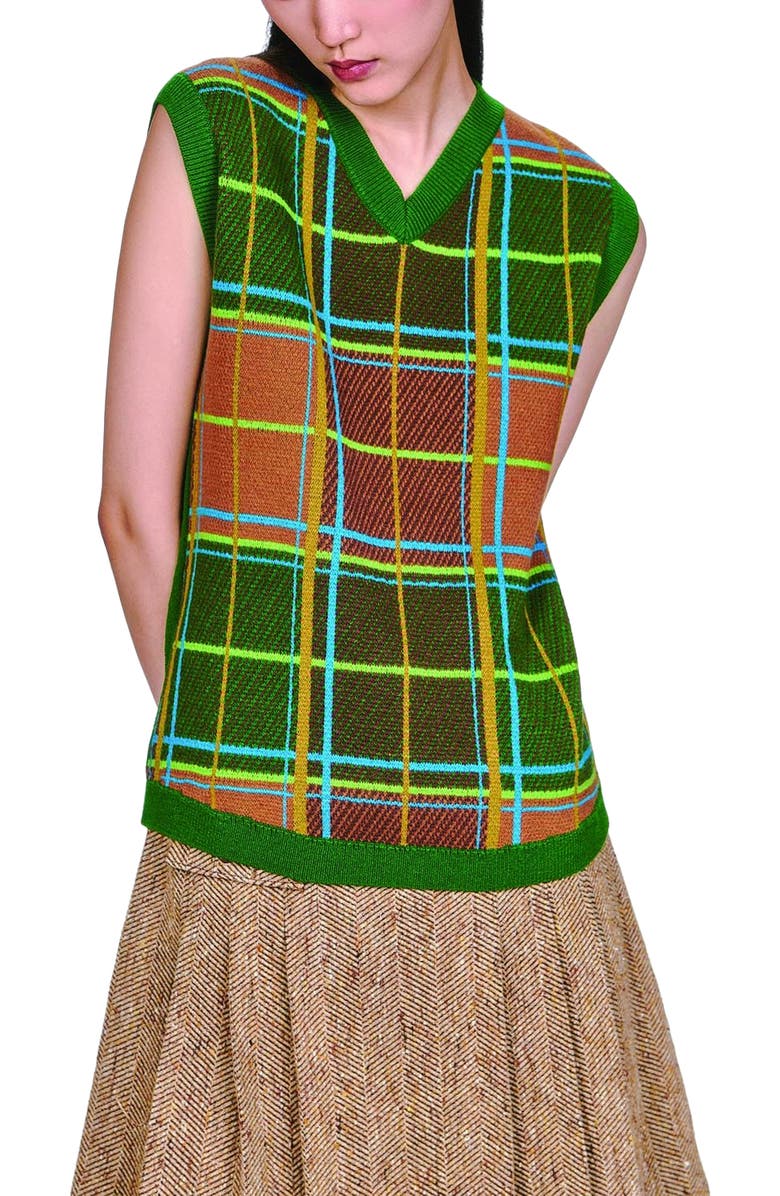 Anna Sui Plaid Sweaters Vest, Alternate, color, Leaf Green Multi