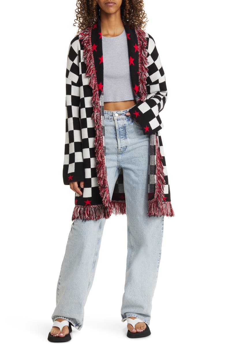 Dressed in Lala Legend Luxe Fringe Checkered Cardigan, Main, color,
