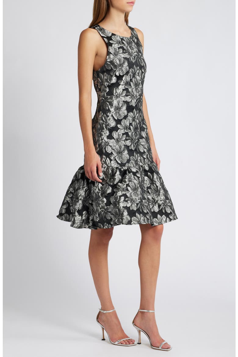 Metallic Floral Jacquard Sleeveless Dress, Alternate, color, BLACK/SILVER