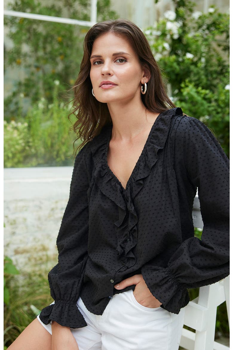 Long Sleeve Chloe Swiss Dot Ruffle Shirt, Alternate, color, Black
