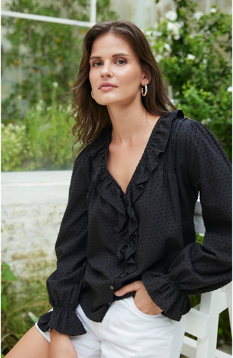 Paneros Clothing Long Sleeve Chloe Swiss Dot Ruffle Shirt, Alternate, color, Black