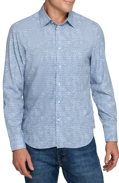 Diagonal Squares Print Woven Long Sleeve Basic