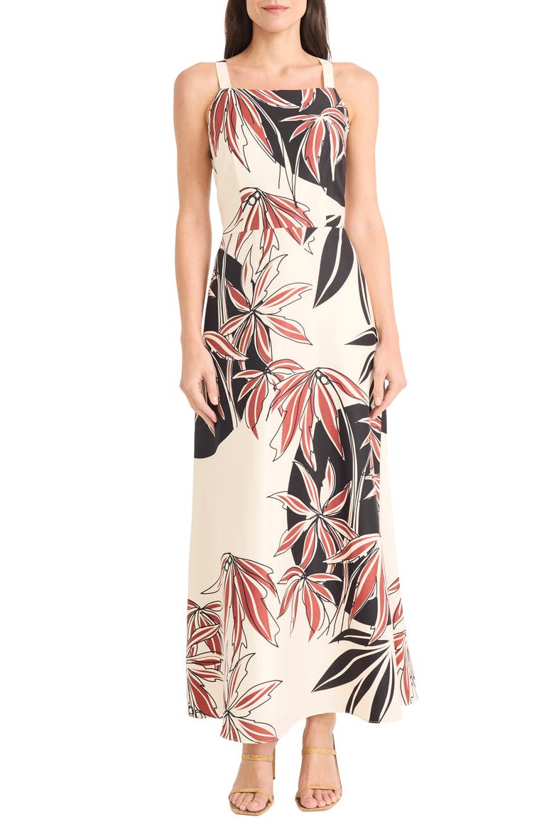 Leaf Print Maxi Dress, Main, color, BROWN/ WHITE/ BLACK