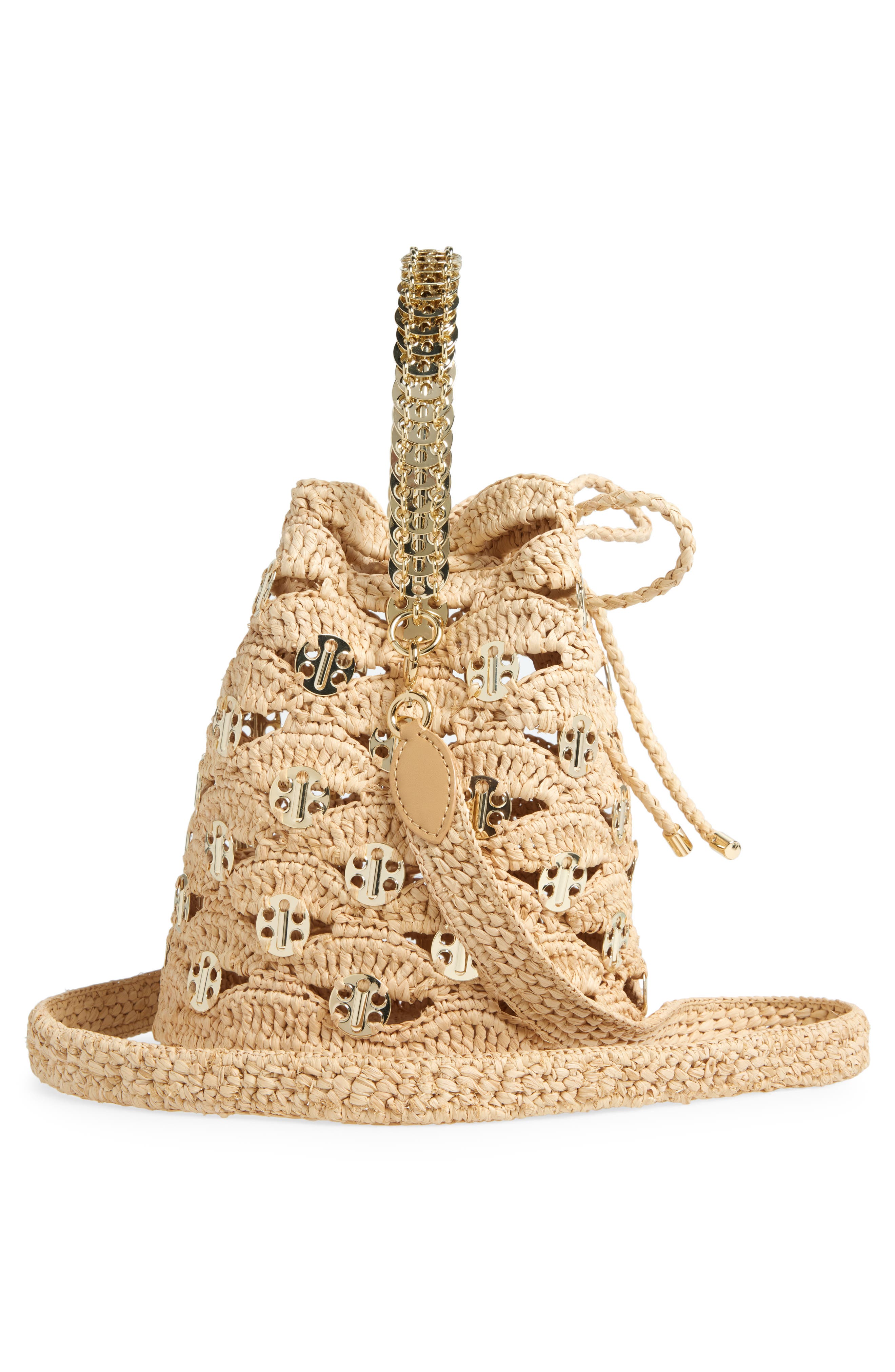 Rabanne Paco Wave Raffia Bucket Bag, Alternate, color, Natural / Light Gold