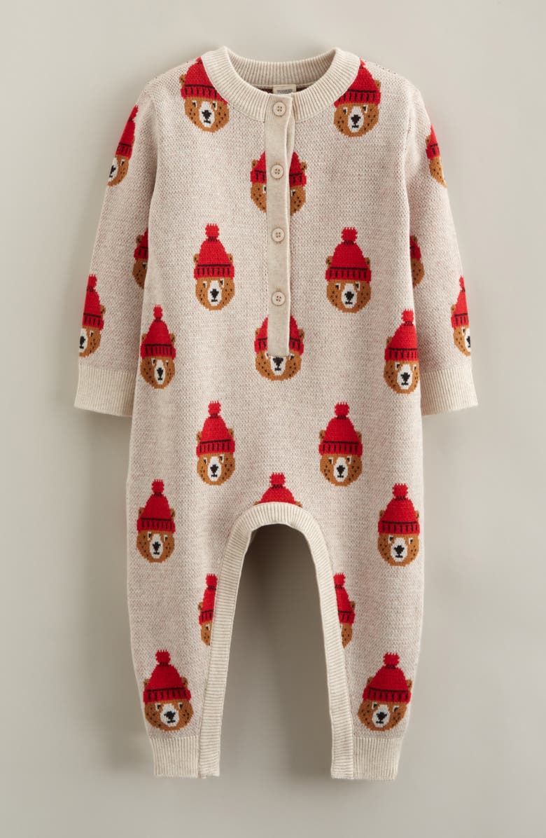 Tucker + Tate Bear Jacquard Cotton Sweater Romper, Main, color, Beige Oat Bear Intarsia