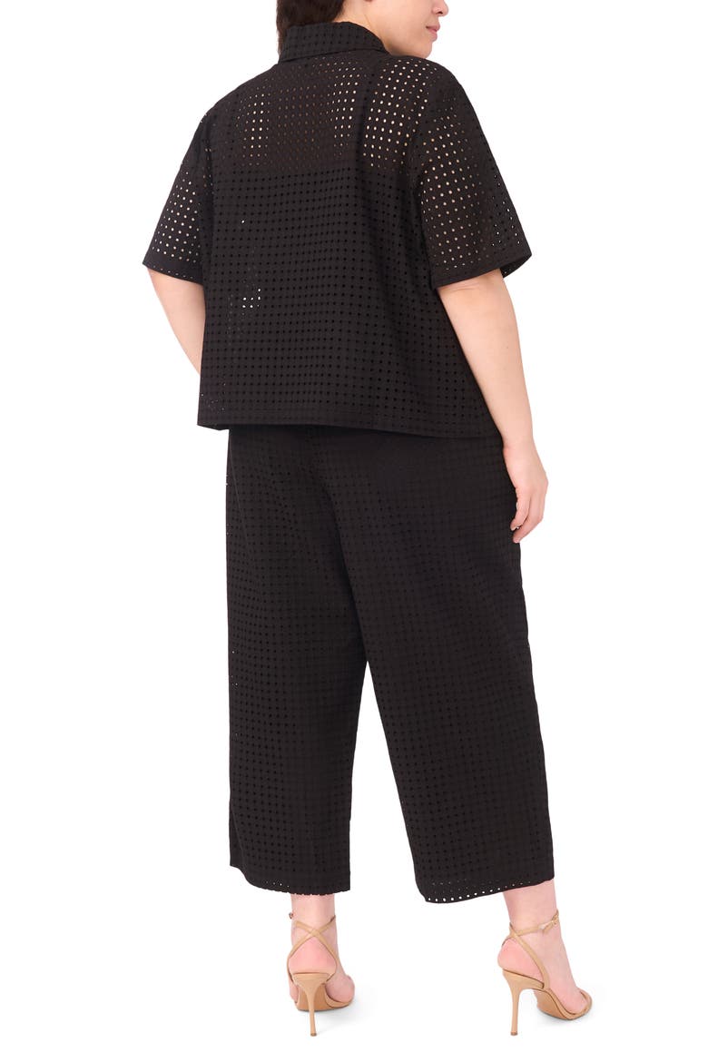 Eyelet Short Sleeve Button-Up Shirt, Alternate, color, RICH BLACK 060