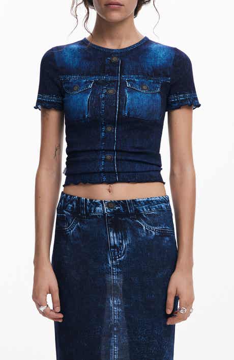 Desigual Denim Print Crop T-Shirt