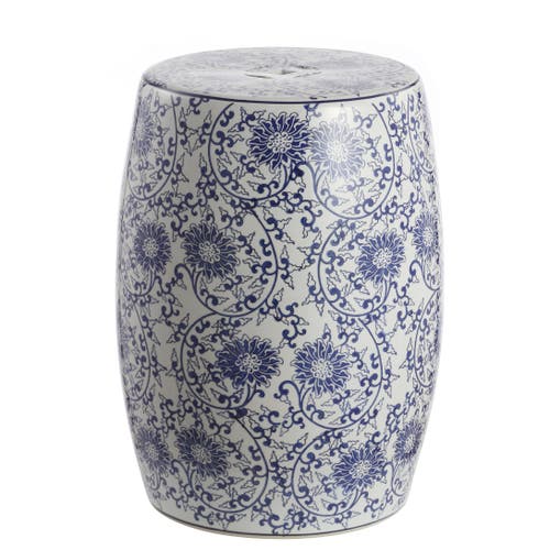 Jonathan Y Lotus Blossom 17.5" Chinoiserie Ceramic Drum Garden Stool In Blue/white