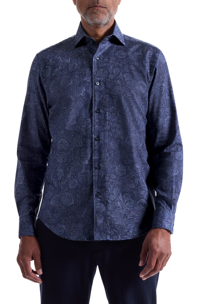 Bugatchi Alvin Shaped Fit Leaf Print Button-Up Shirt, Main, color, Night Blue