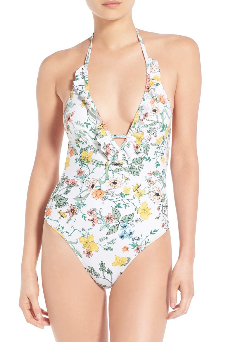 'Sunny May' Floral Print One-Piece Swimsuit, Main, color, WHITE