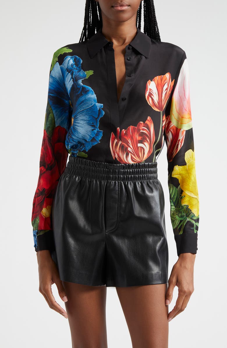 Alice + Olivia Willa Floral Silk Button-Up Shirt, Main, color,