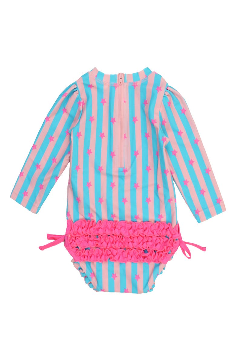 RuffleButts Neon Star Party Long Sleeve Ruffle One-Piece Swimsuit, Alternate, color, Pink