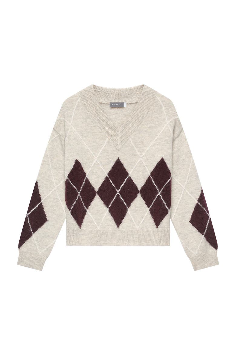 Argyle Knit Jumper Pullover Sweater with Long Sleeve and V-Neck, Alternate, color, Neutral