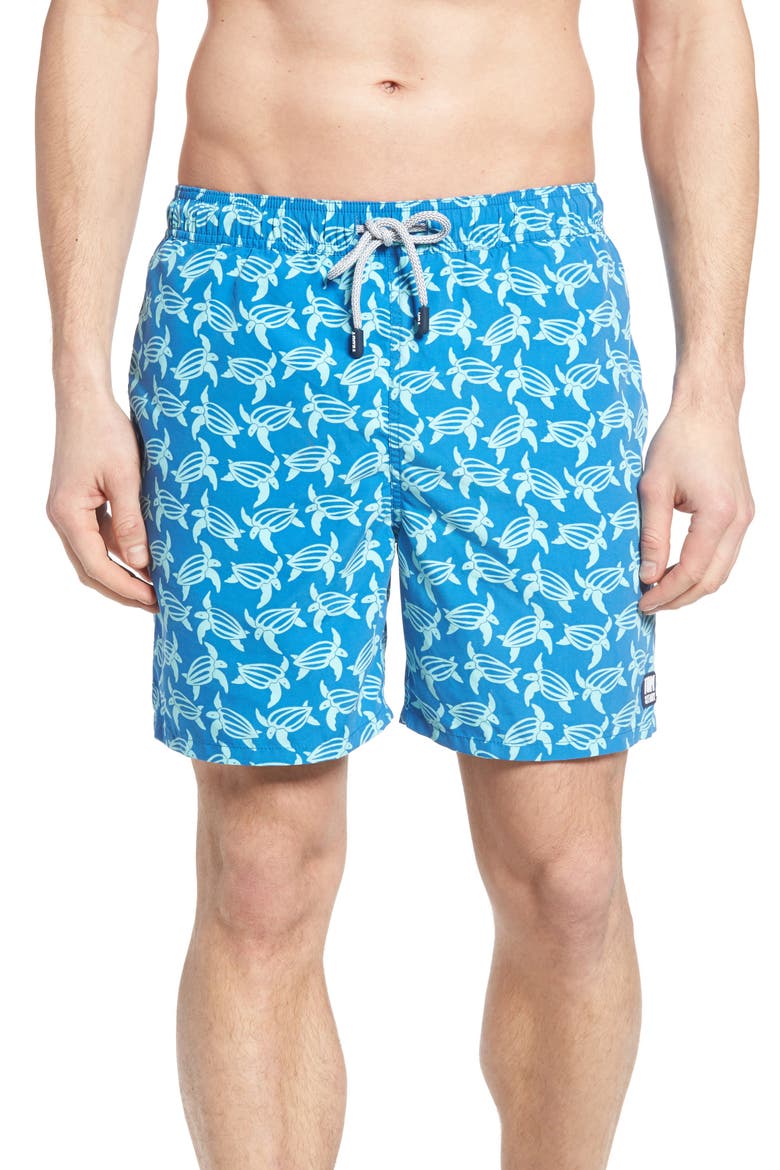 Turtle Print Swim Trunks, Main, color, MID BLUE AND SKY