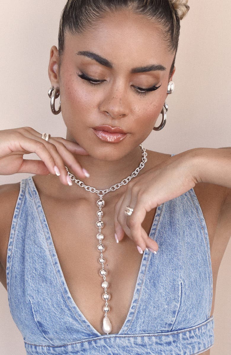 Ettika Cultured Freshwater Pearl Deep Drop Y-Necklace, Alternate, color, Silver