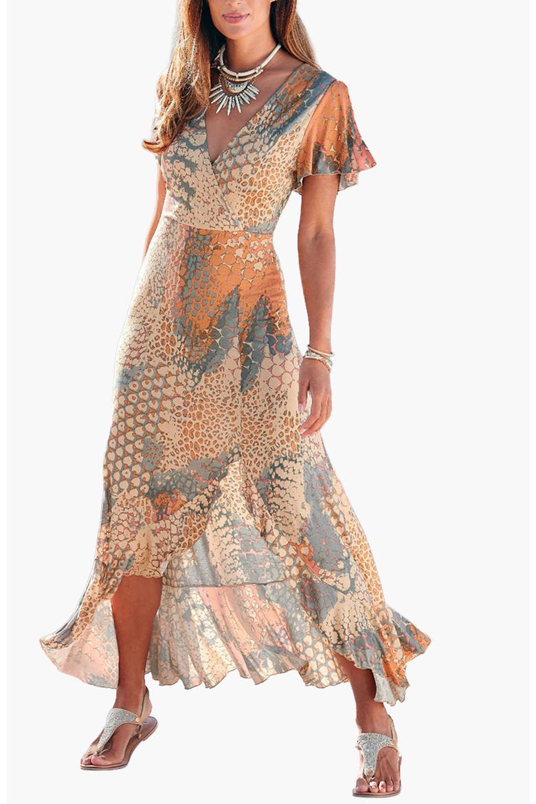 Printed Side Slit Maxi Dress, Main, color, Orange Multi