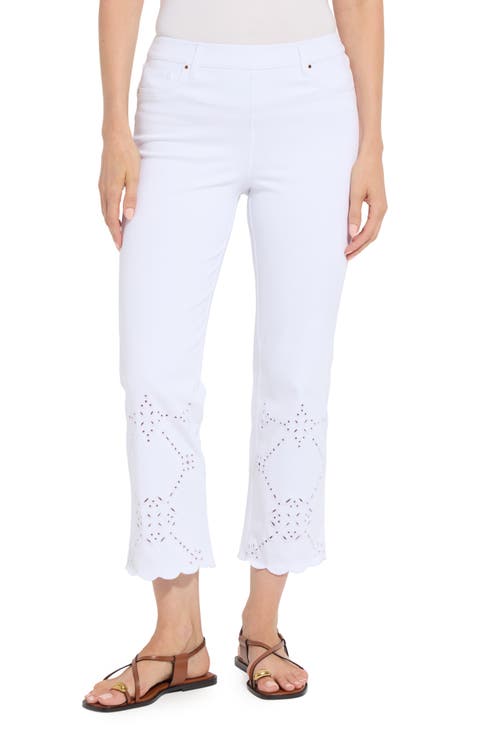 Billie Eyelet Pull-On High Waist Crop Straight Leg Jeans