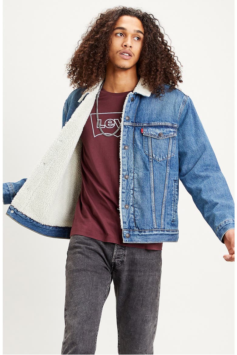 Levis® Fleece Denim Trucker Jacket, Alternate, color, FABLE SHERPA TRUCKER