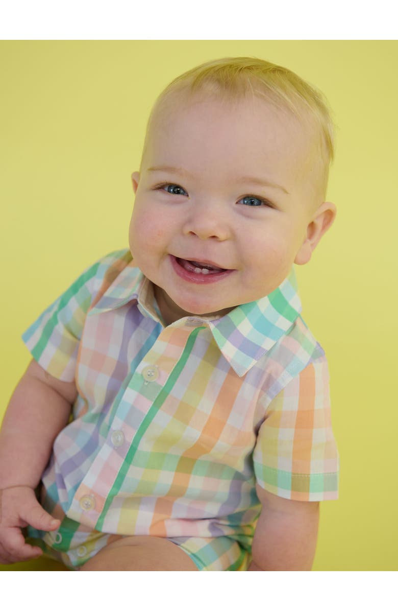RuggedButts Baby Boys Woven Short Sleeve Button-Up Romper, Alternate, color, Poppy Rainbow Plaid