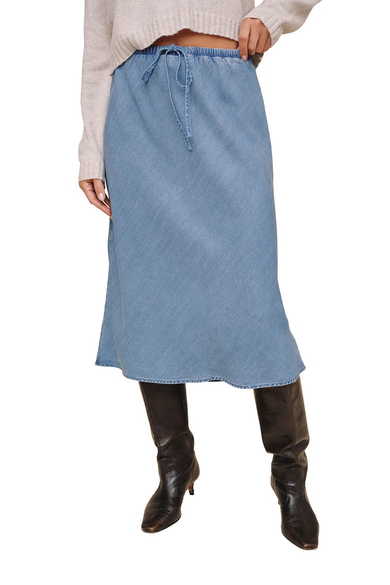 Tie Waist Denim Bias Midi Skirt, Main, color, INDIGO HARBOR WASH