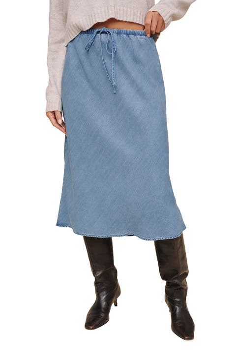 Tie Waist Denim Bias Midi Skirt