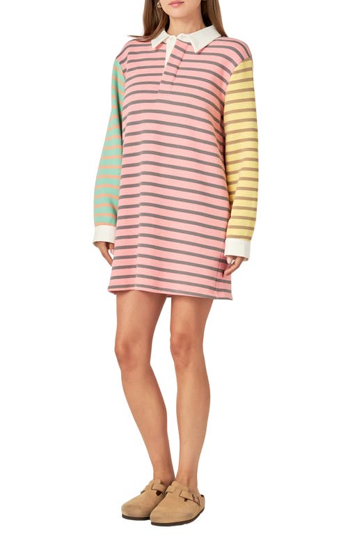 English Factory Colorblock Stripe Long Sleeve Polo Dress In Pink Multi