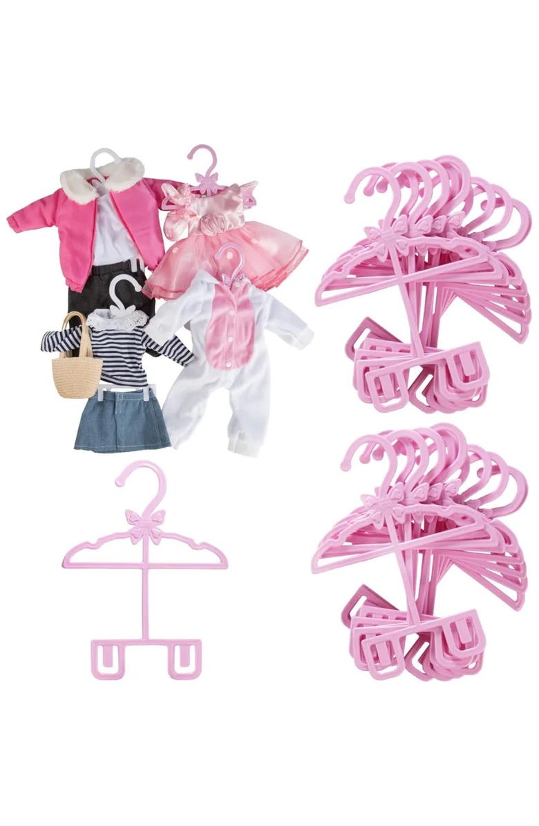 Dress Along Dolly Pink Full-Outfit Hanger 24pk for American 18" Doll Clothes- Hold Your Tops & Bottoms Together, Main, color, Pink