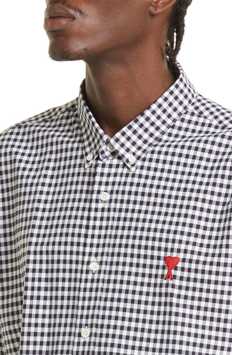 AMI PARIS Ami De Coeur Embroidered Gingham Button-Down Shirt, Alternate, color, 