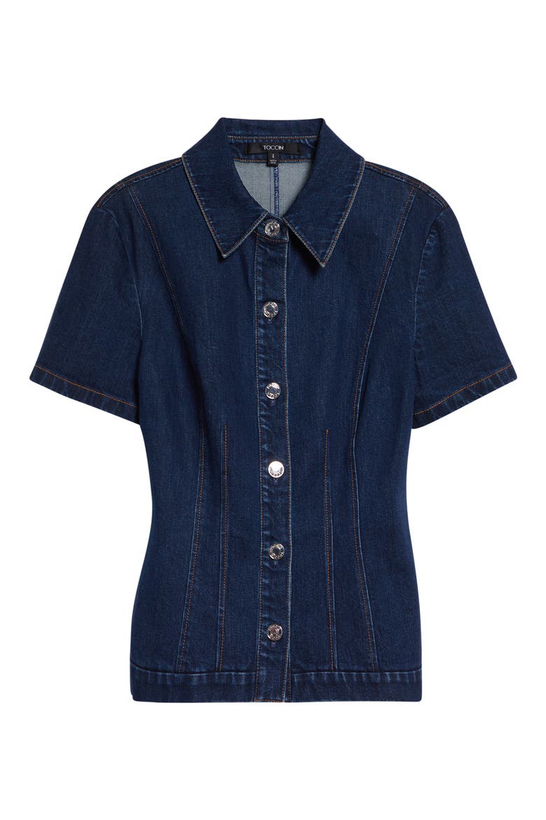 Halle Short Sleeve Denim Button-Up Shirt, Alternate, color, MIDWASH