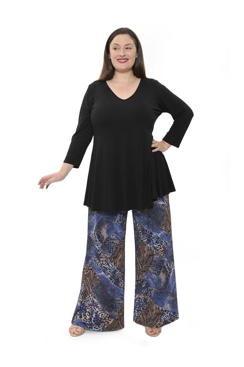 Plus Size Animal Print V Neck Long Sleeve Swing Tunic Top and Pant Set, Main, color, Blue Multi