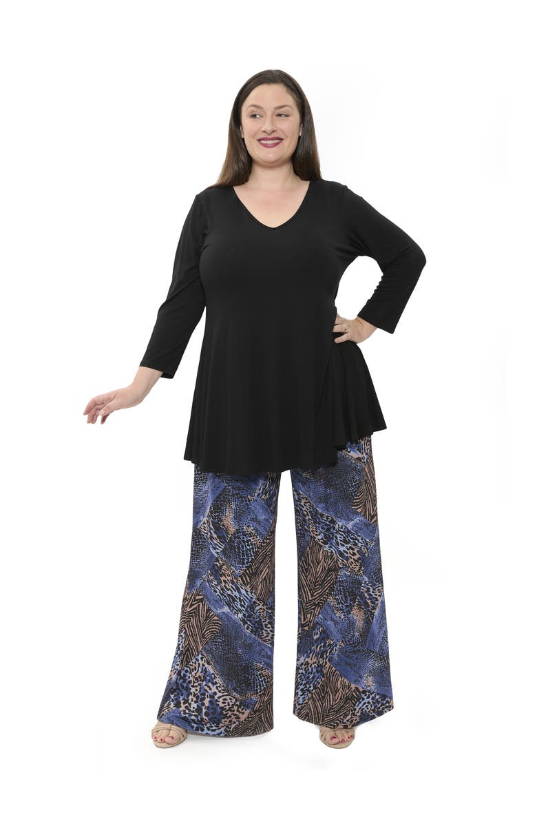 24seven Comfort Apparel Plus Size Animal Print V Neck Long Sleeve Swing Tunic Top and Pant Set, Main, color, Blue Multi
