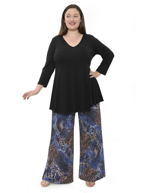 Plus Size Animal Print V Neck Long Sleeve Swing Tunic Top and Pant Set