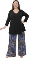 24seven Comfort Apparel Plus Size Animal Print V Neck Long Sleeve Swing Tunic Top and Pant Set