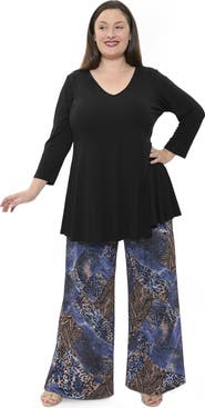 24seven Comfort Apparel Plus Size Animal Print V Neck Long Sleeve Swing Tunic Top and Pant Set