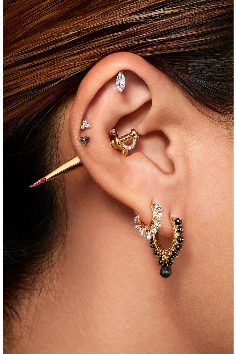 Black & White Diamond & Ruby Sword Single Stud Earring, Alternate, color, YELLOW GOLD