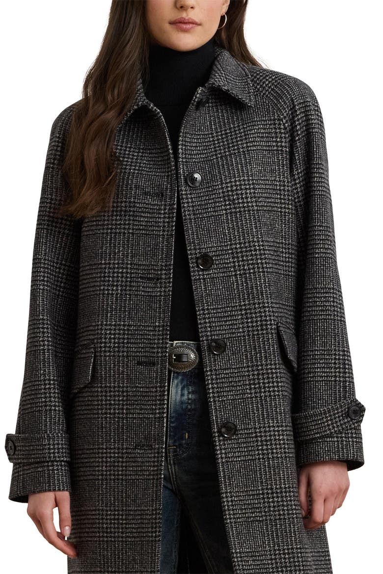 Single Breasted Plaid Wool Blend Coat, Alternate, color, BLACK/ GREY PLAID