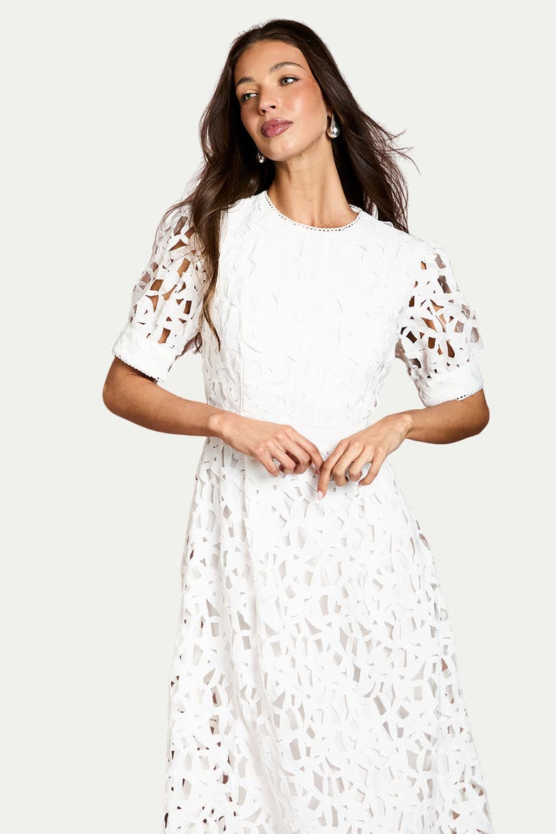 Short Sleeve Lace Midi Dress, Alternate, color, Ivory