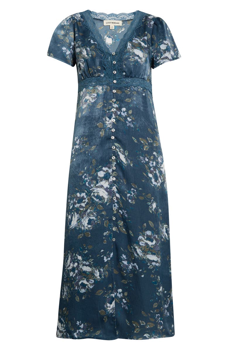 Lucky Brand Lace Trim Floral Print Midi Dress, Main, color, Navy Multi