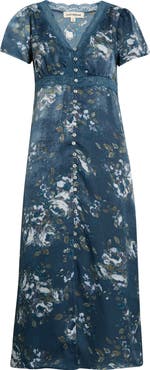 Lucky Brand Lace Trim Floral Print Midi Dress