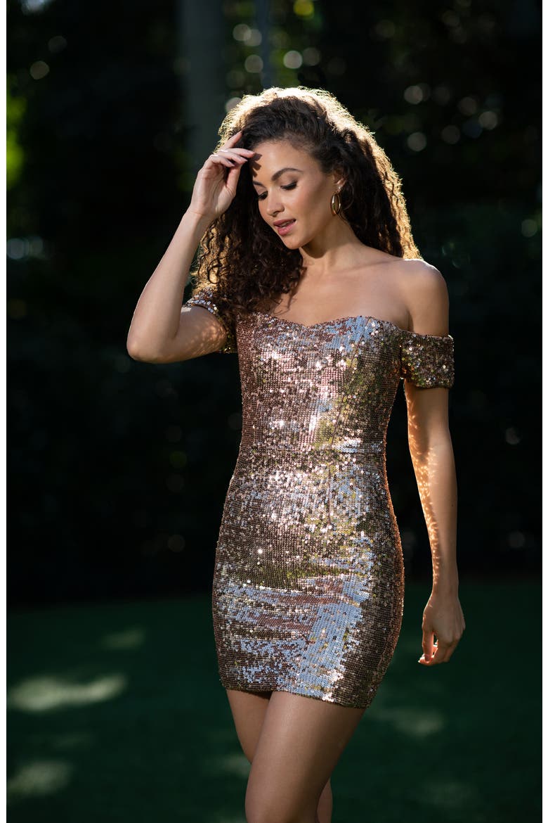 Jada Sequin Off the Shoulder Minidress, Alternate, color, SOFT GOLD MULTI